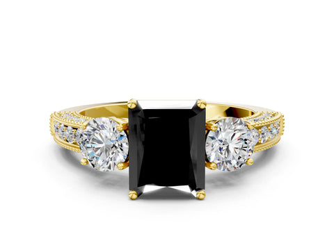 Yellow gold Fancy Black Radiant Cut Three-Stone Diamond Ring with Pavé Band and Four-Prong Setting