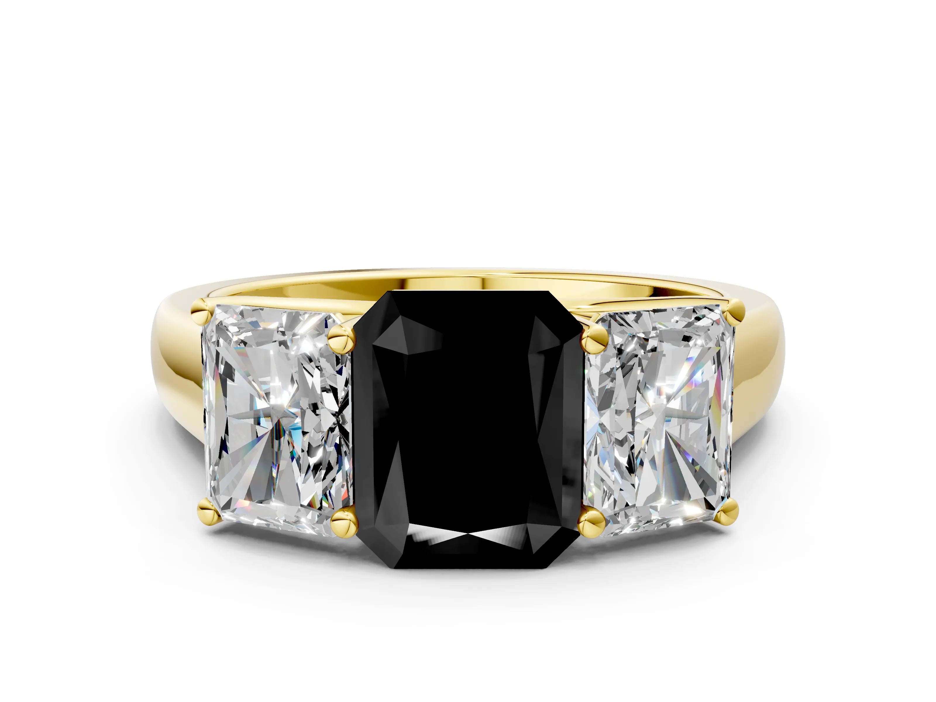 Yellow gold Fancy Black Radiant Cut Three-Stone Diamond Ring with Prong Setting on a Classic Band