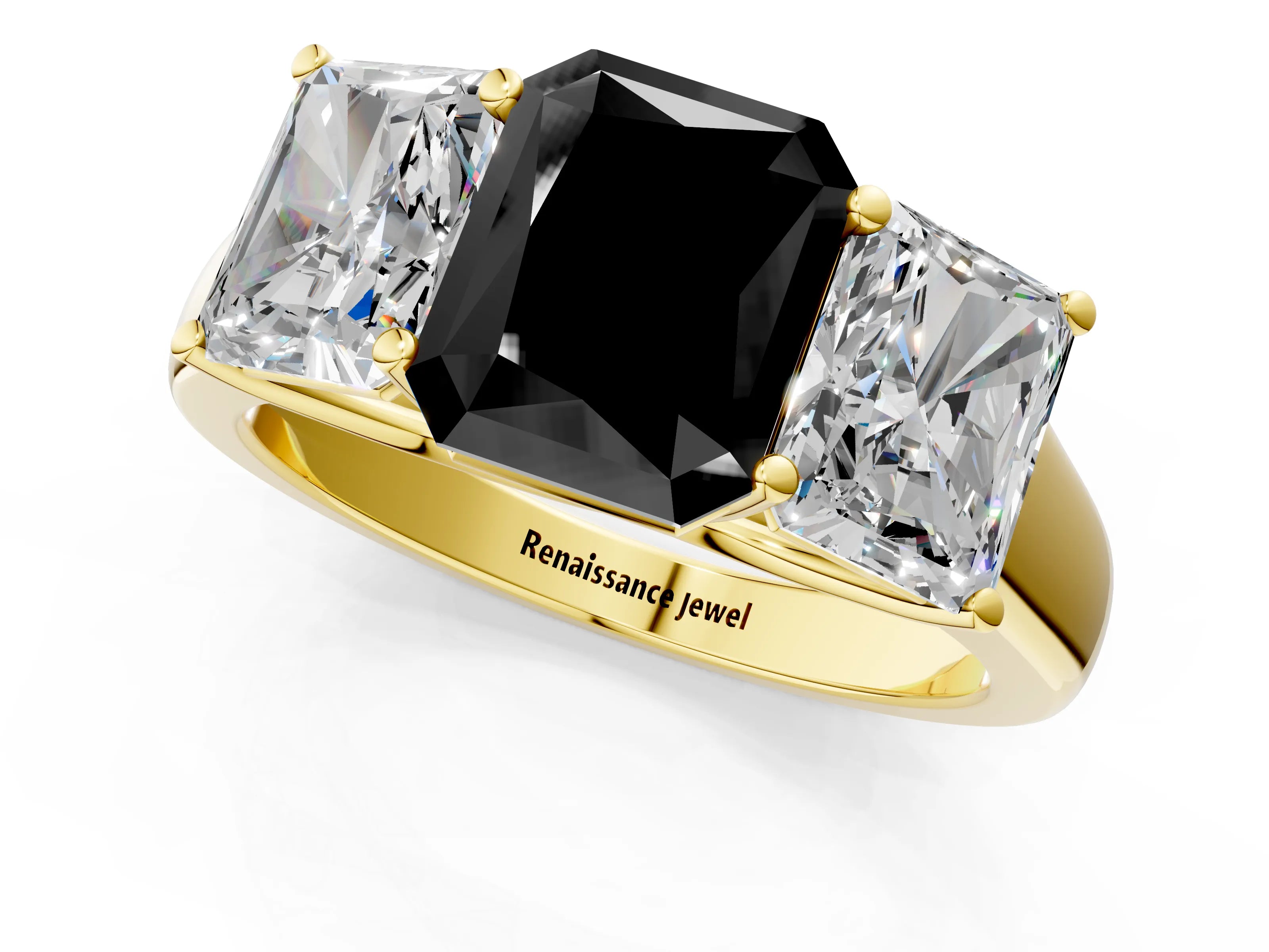 Yellow gold Fancy Black Radiant Cut Three-Stone Diamond Ring with Prong Setting on a Classic Band_1