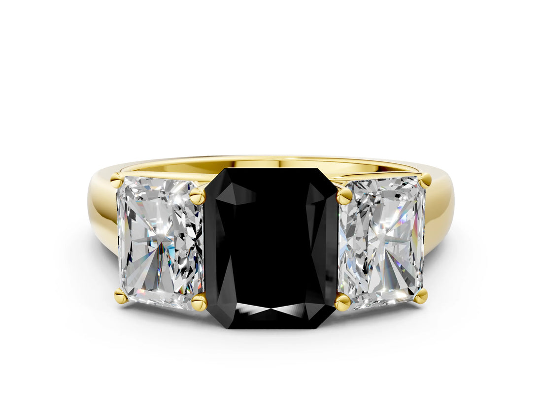 Yellow gold Fancy Black Radiant Cut Three-Stone Diamond Ring with Prong Setting on a Classic Band_12