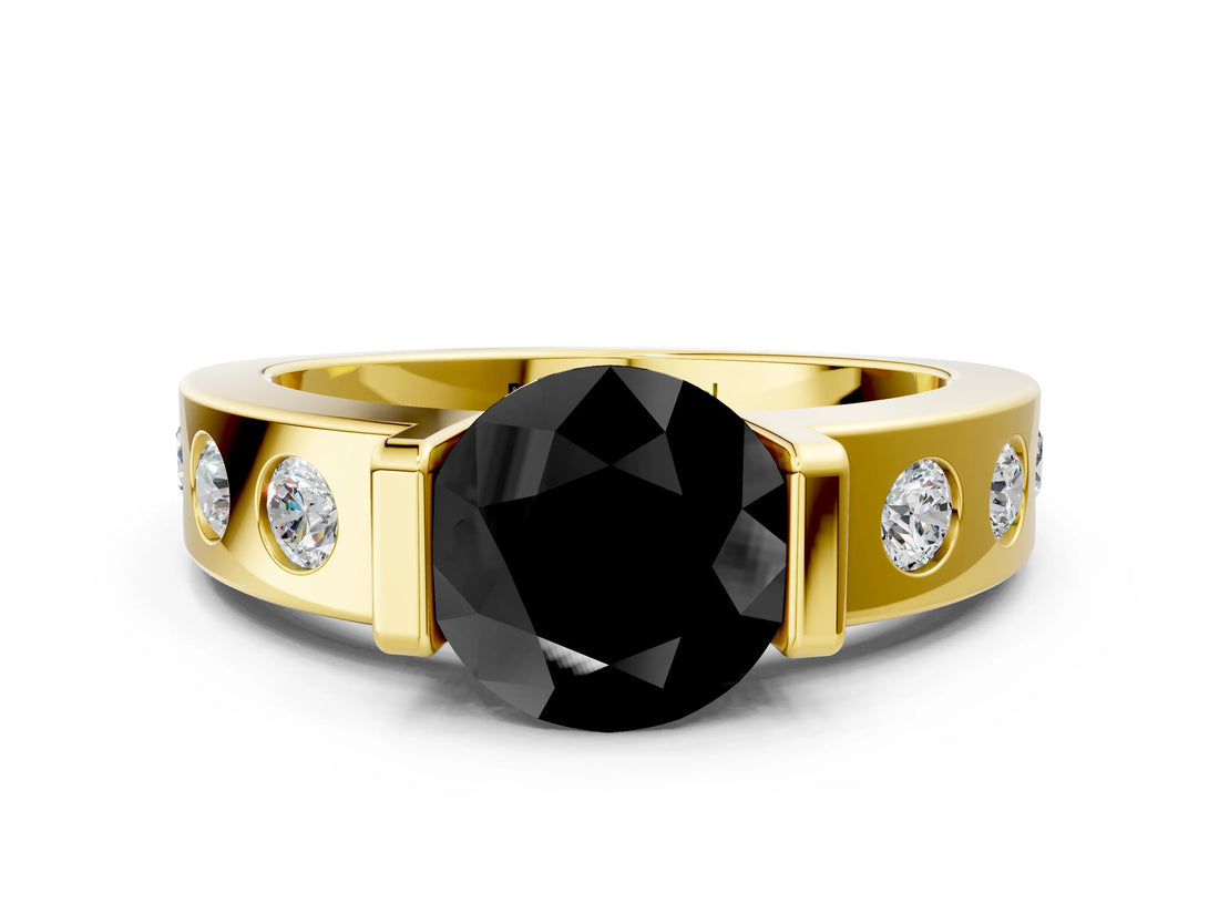 Yellow gold Fancy Black Round Cut Brilliant Channel-Set Diamond Ring with Bezel Prong Setting