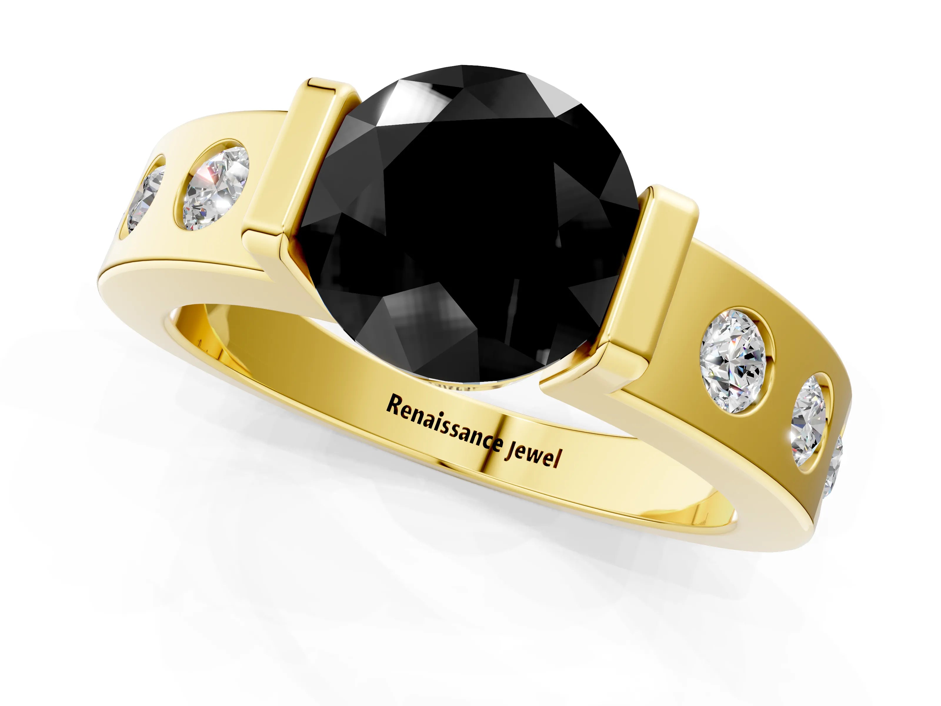 Yellow gold Fancy Black Round Cut Brilliant Channel-Set Diamond Ring with Bezel Prong Setting_1