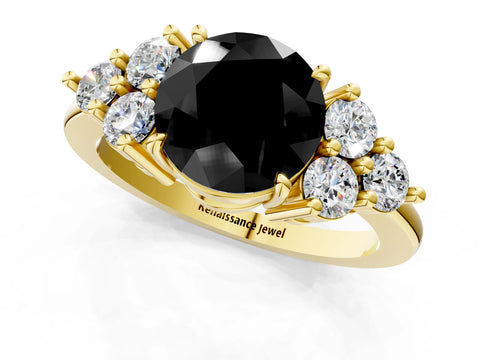 Yellow gold Fancy Black Round Cut Brilliant Diamond Cluster Accent Solitaire Ring with Prong Setting_1