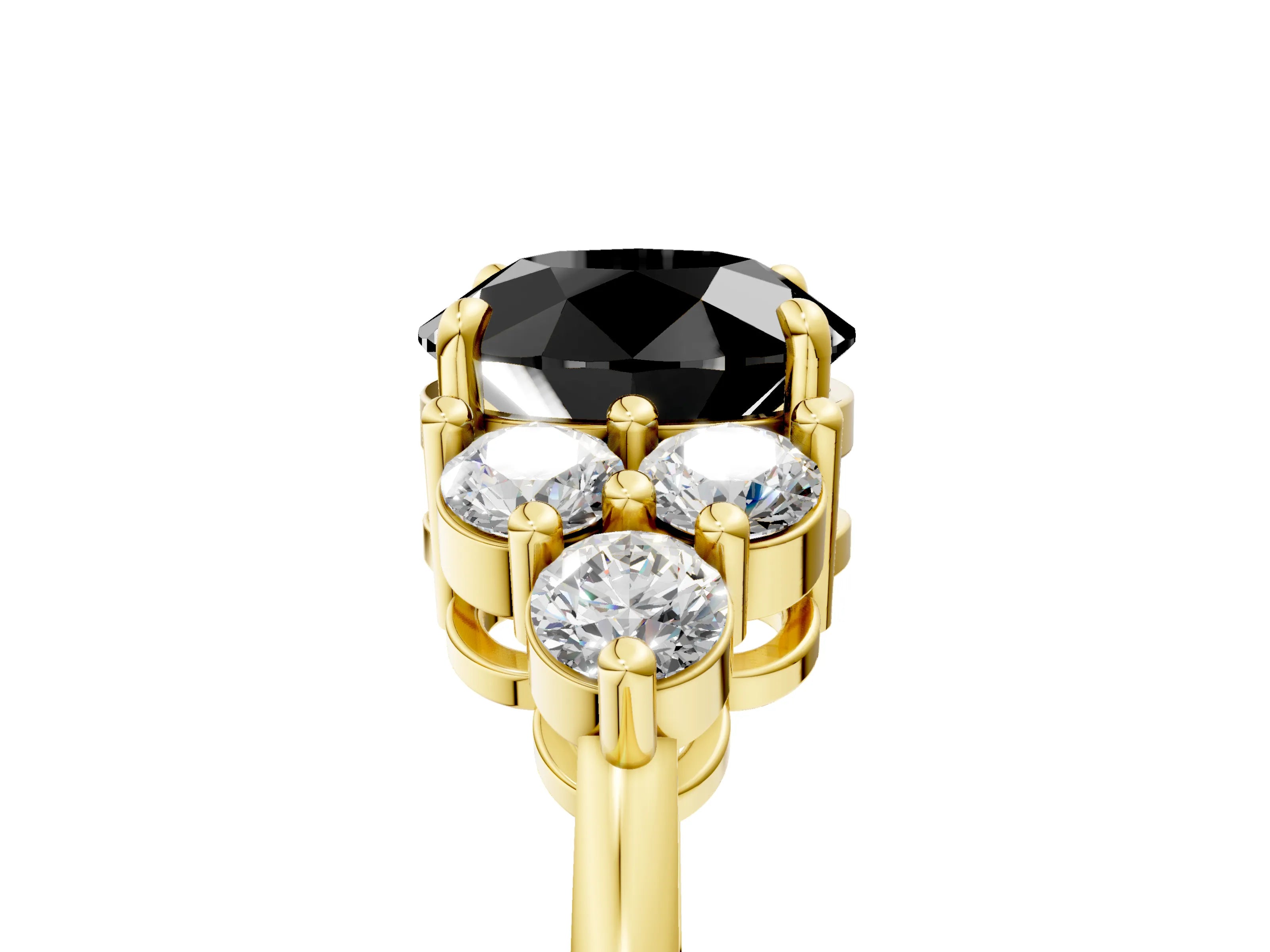 Yellow gold Fancy Black Round Cut Brilliant Diamond Cluster Accent Solitaire Ring with Prong Setting_5