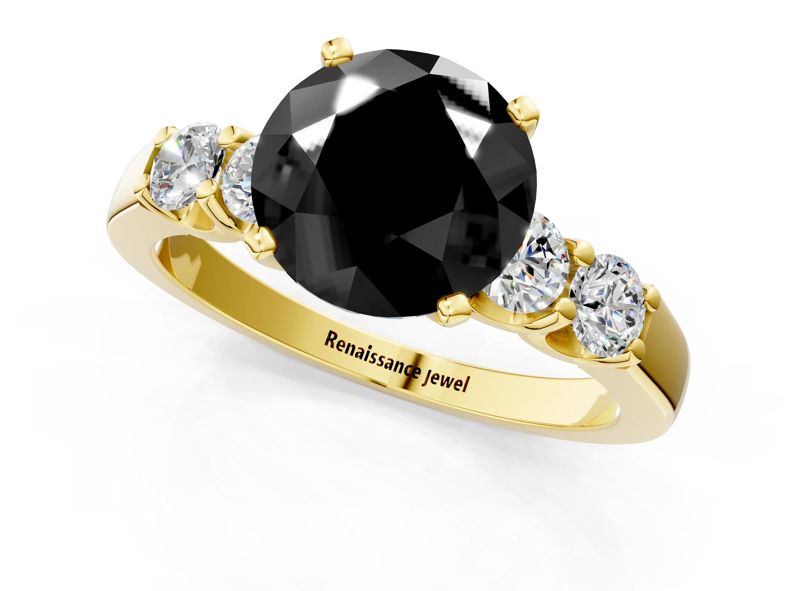 Yellow gold Fancy Black Round Cut Brilliant Diamond Five-Stone Engagement Ring with Prong Setting on a Classic Band_4