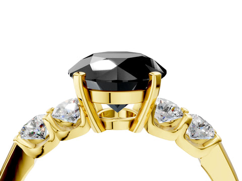Yellow gold Fancy Black Round Cut Brilliant Diamond Five-Stone Engagement Ring with Prong Setting on a Classic Band_7