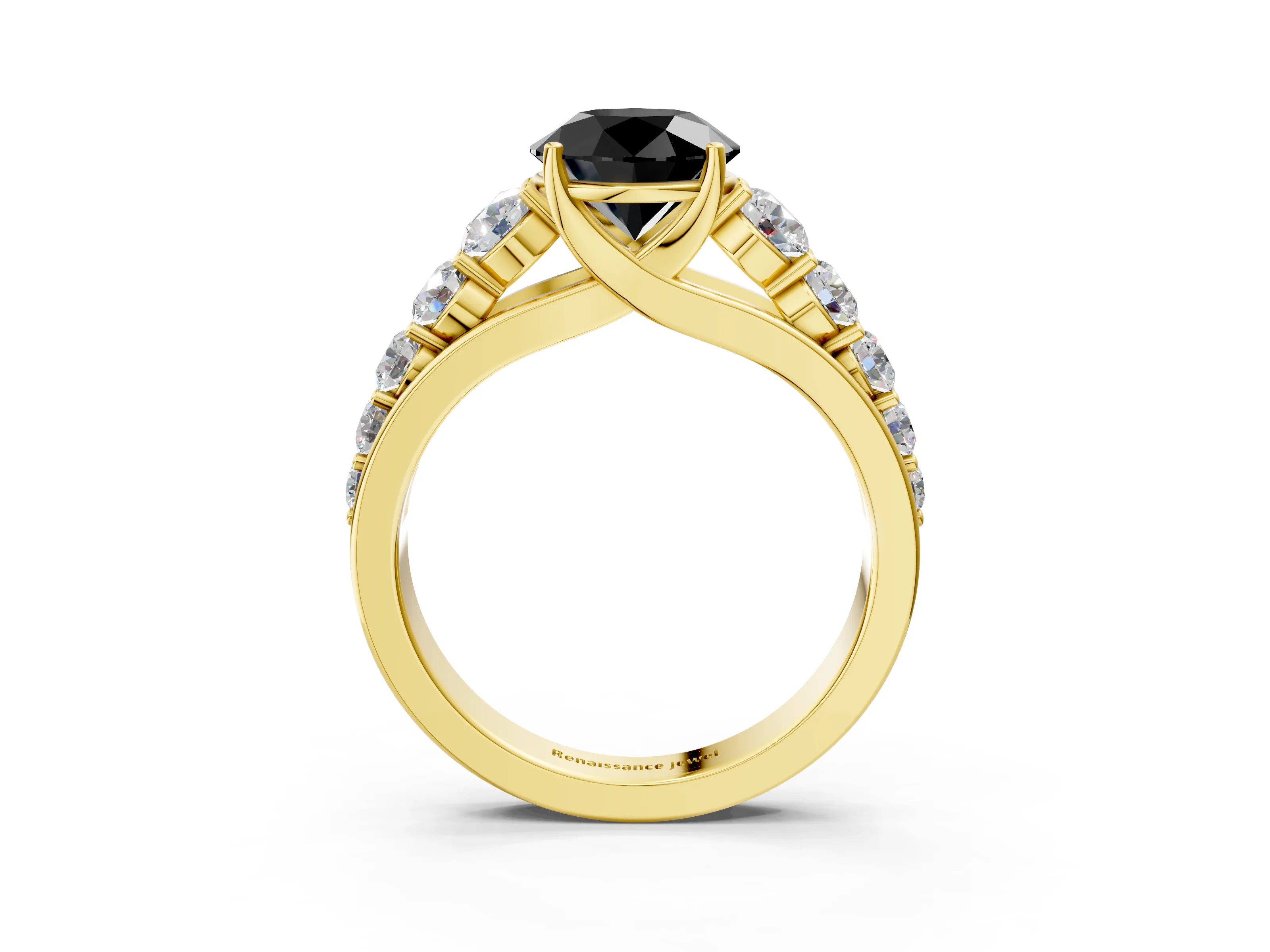 Yellow gold Fancy Black Round Cut Brilliant Diamond Pavé Band with Six-Prong Setting_3