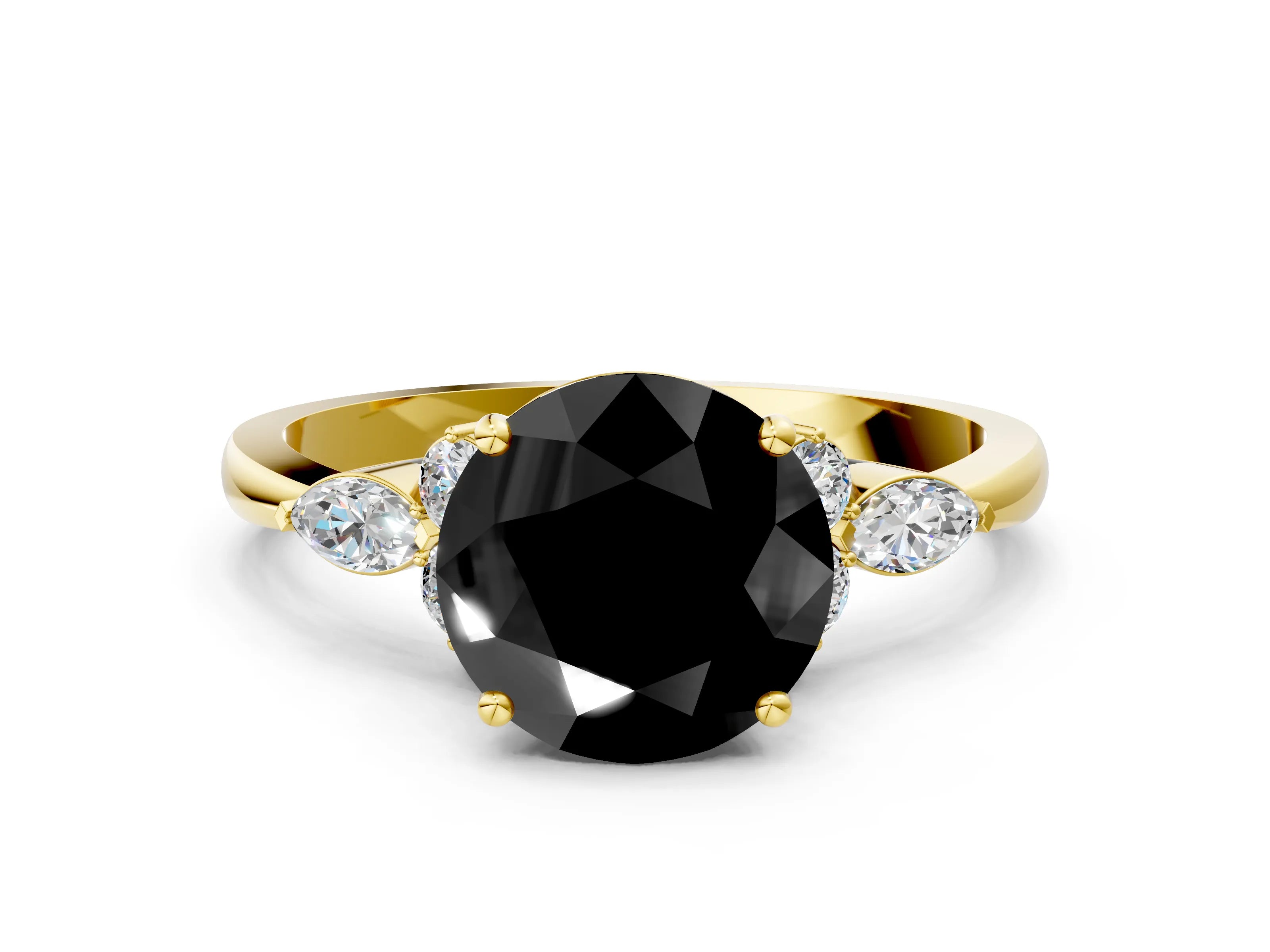 Yellow gold Fancy Black Round Cut Brilliant Diamond Solitaire Ring with Pear Side Stones and Four-Prong Setting_3