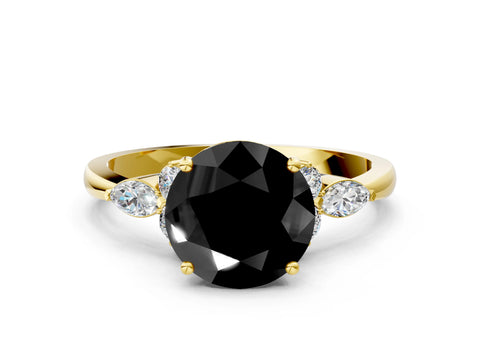 Yellow gold Fancy Black Round Cut Brilliant Diamond Solitaire Ring with Pear Side Stones and Four-Prong Setting_3
