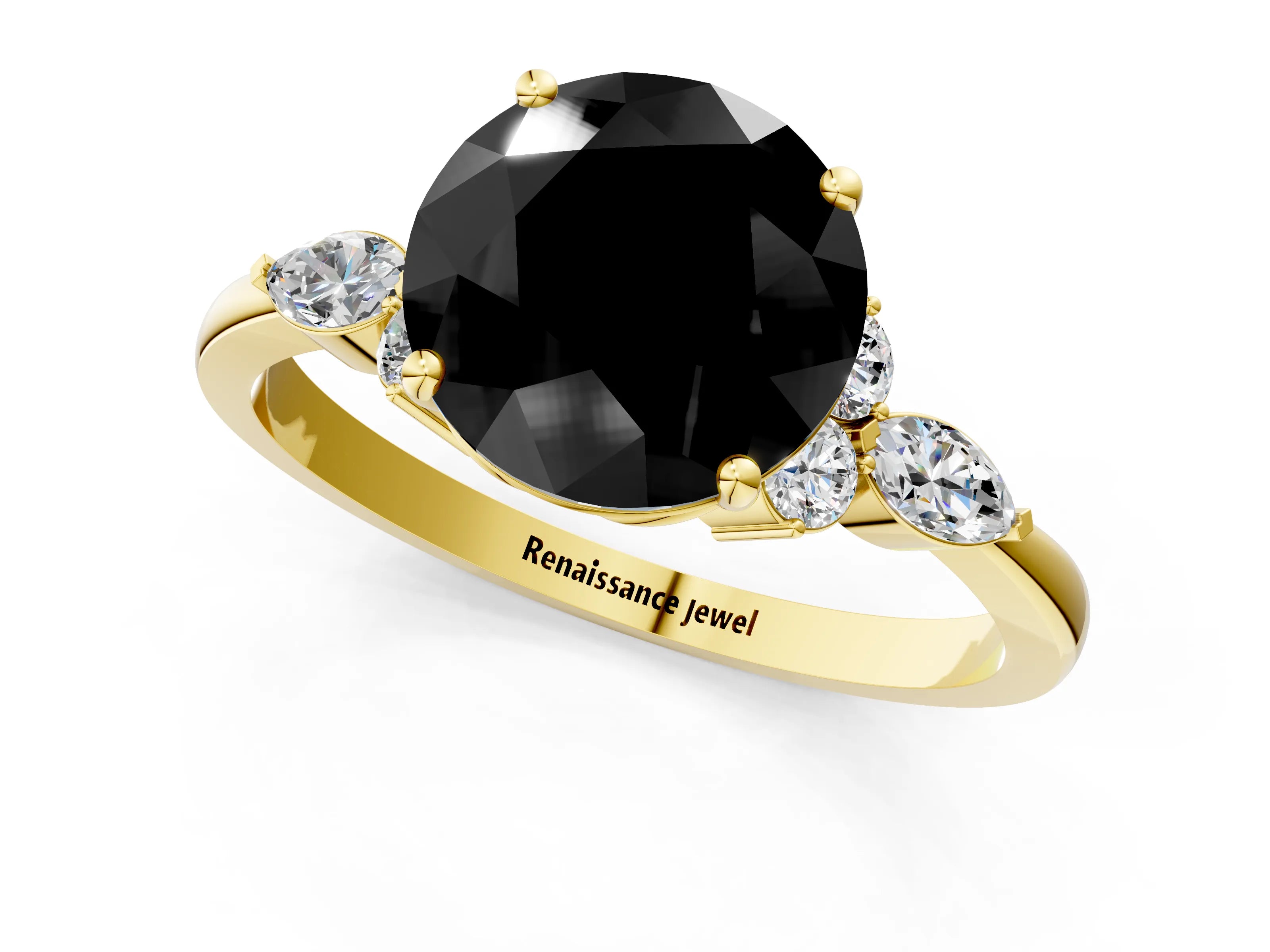 Yellow gold Fancy Black Round Cut Brilliant Diamond Solitaire Ring with Pear Side Stones and Four-Prong Setting_4