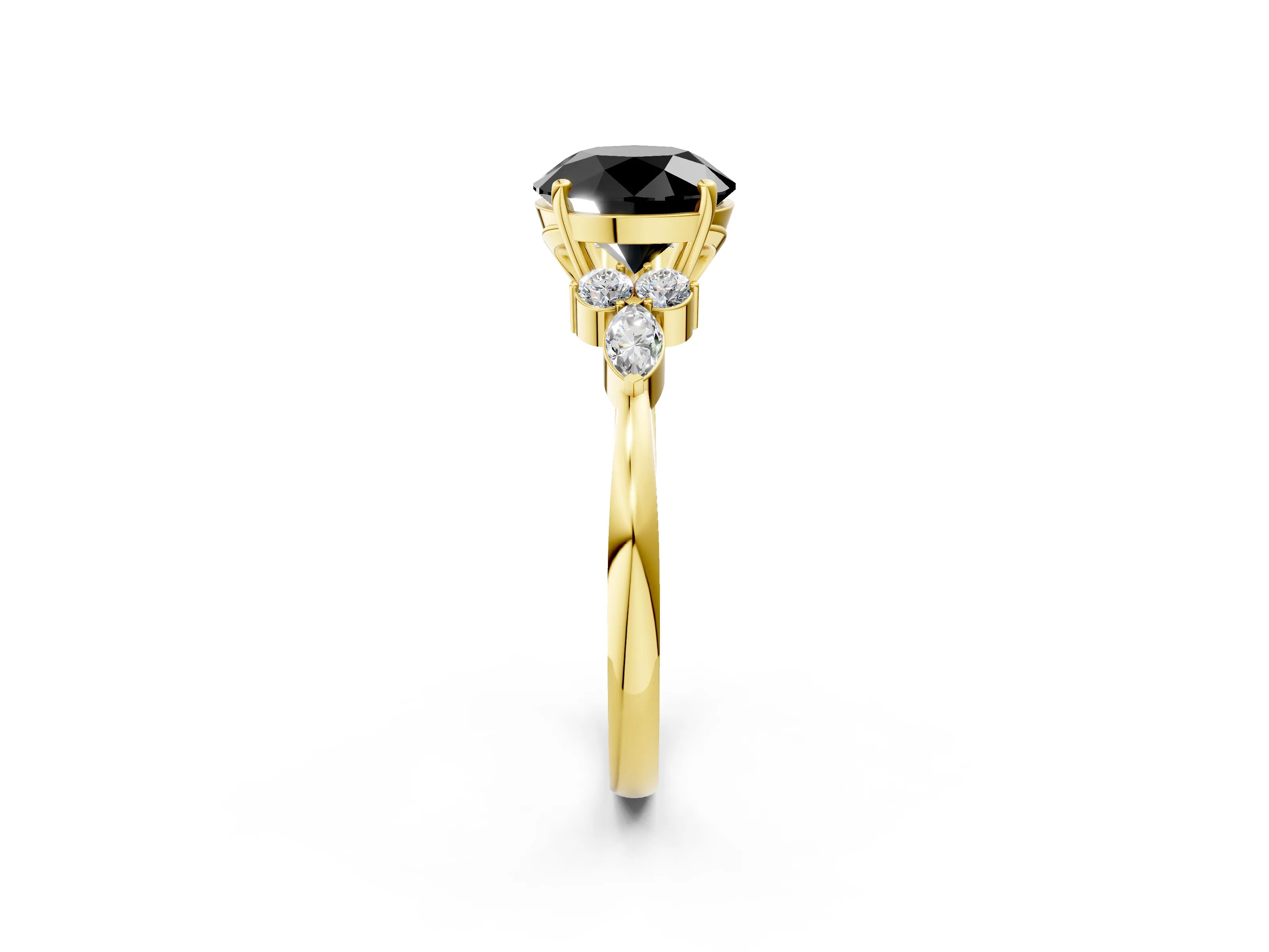 Yellow gold Fancy Black Round Cut Brilliant Diamond Solitaire Ring with Pear Side Stones and Four-Prong Setting_5