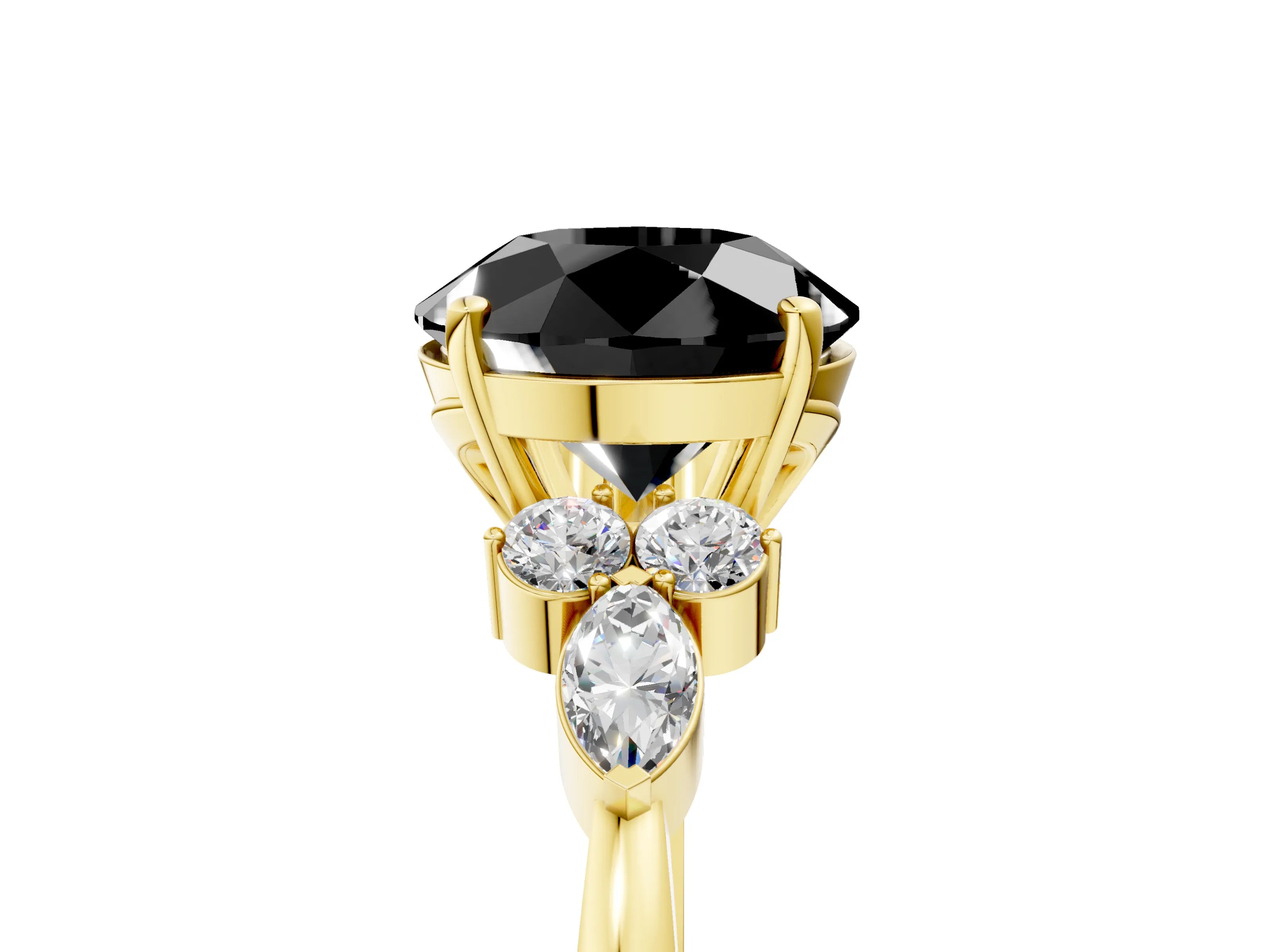 Yellow gold Fancy Black Round Cut Brilliant Diamond Solitaire Ring with Pear Side Stones and Four-Prong Setting_8