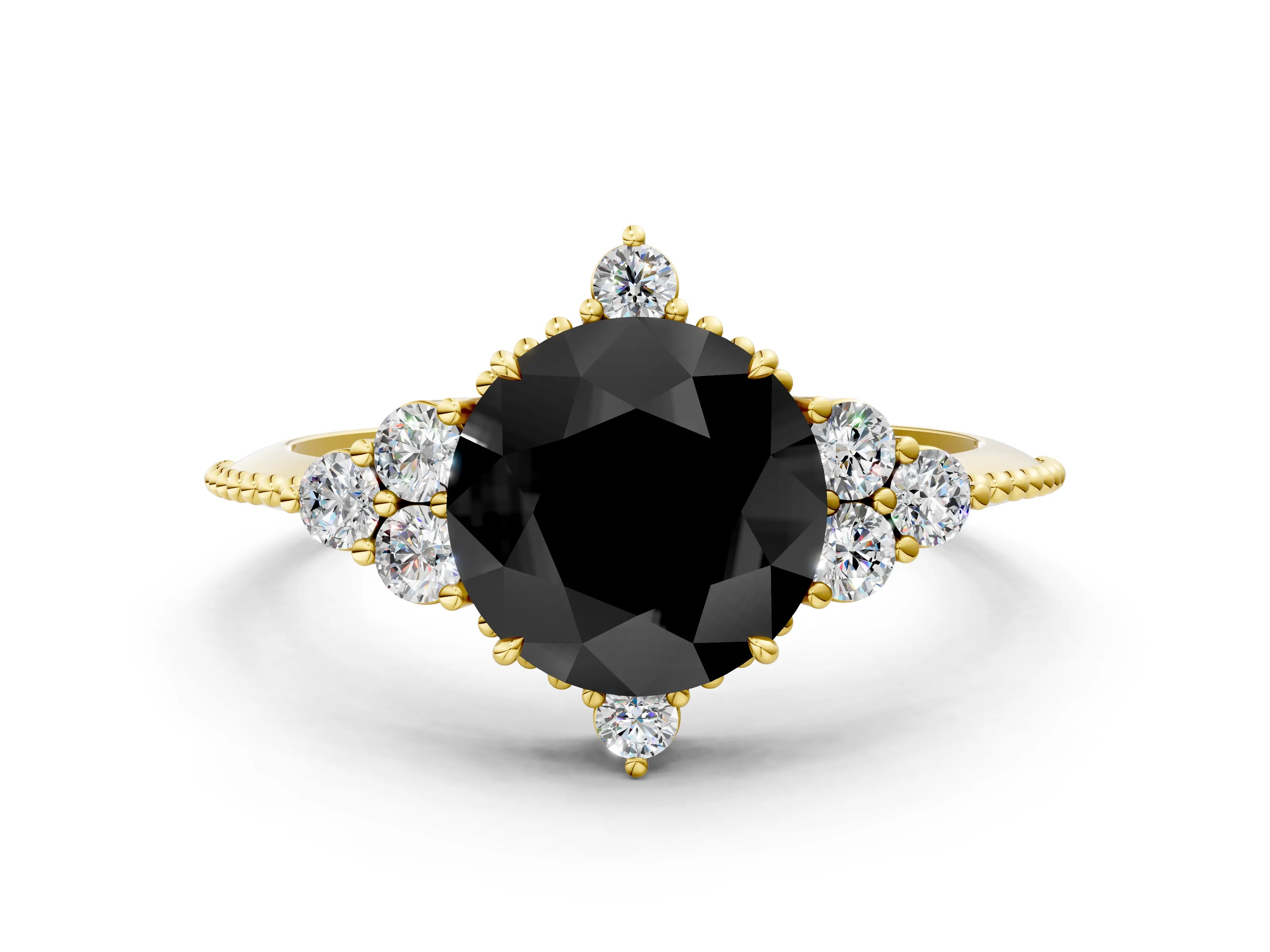 Yellow gold Fancy Black Round Cut Brilliant Diamond with Cluster Setting on a Beaded Band and Four-Prong Setting
