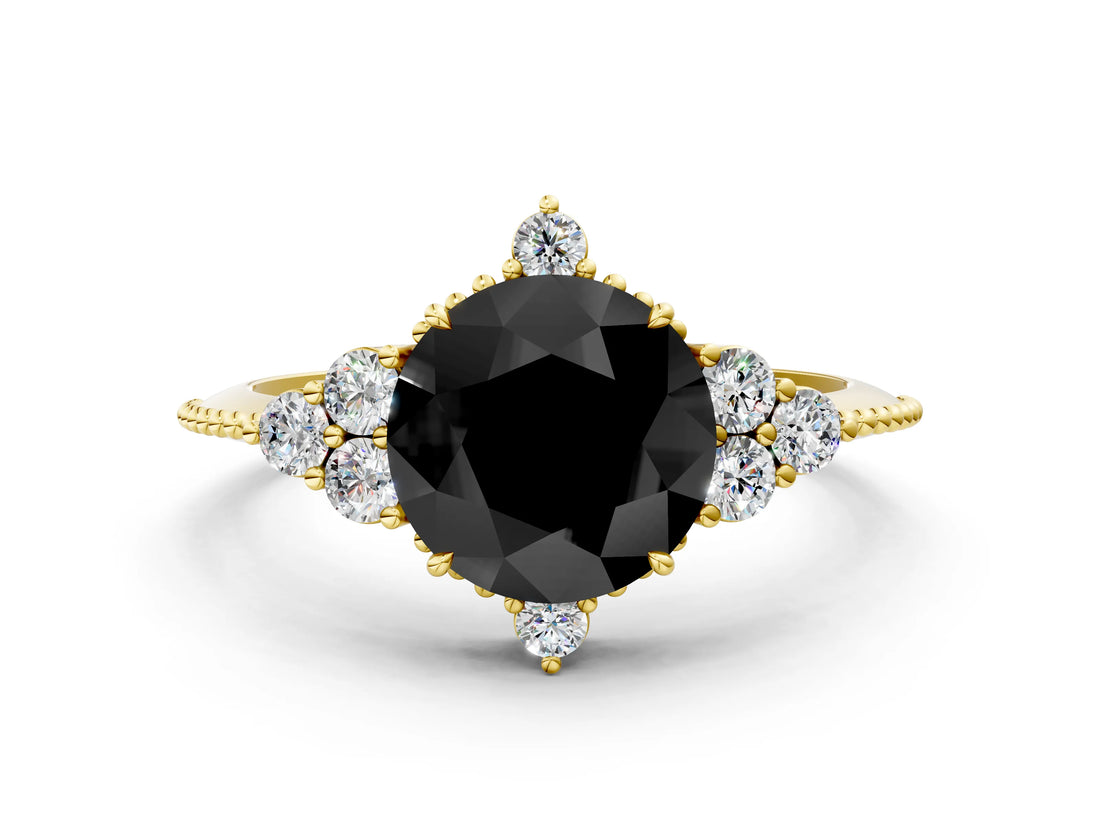 Yellow gold Fancy Black Round Cut Brilliant Diamond with Cluster Setting on a Beaded Band and Four-Prong Setting