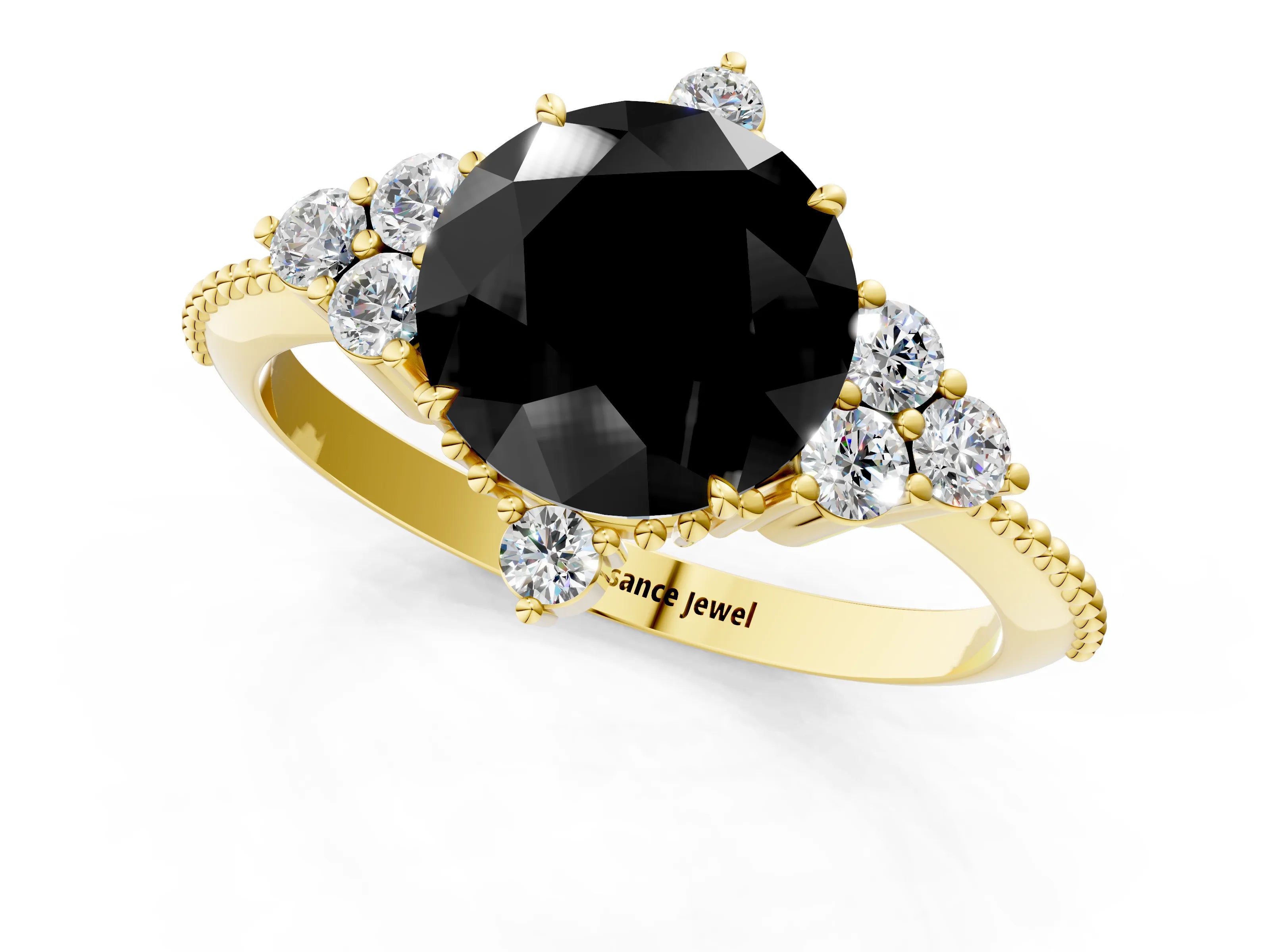 Yellow gold Fancy Black Round Cut Brilliant Diamond with Cluster Setting on a Beaded Band and Four-Prong Setting_1