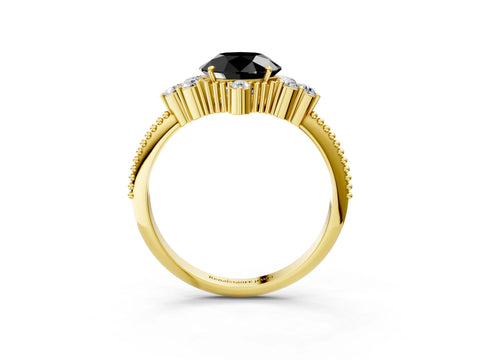 Yellow gold Fancy Black Round Cut Brilliant Diamond with Cluster Setting on a Beaded Band and Four-Prong Setting_3