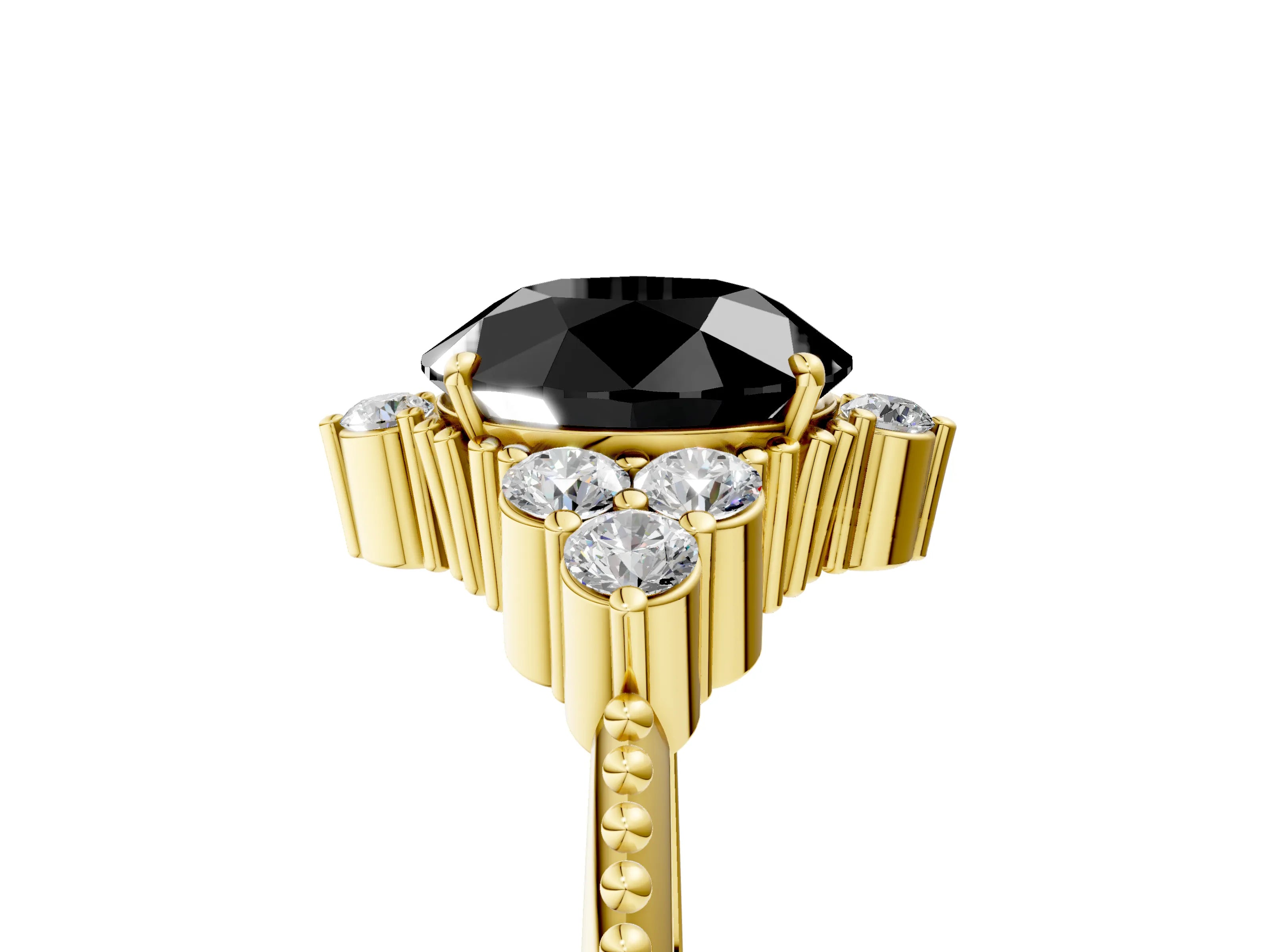 Yellow gold Fancy Black Round Cut Brilliant Diamond with Cluster Setting on a Beaded Band and Four-Prong Setting_5