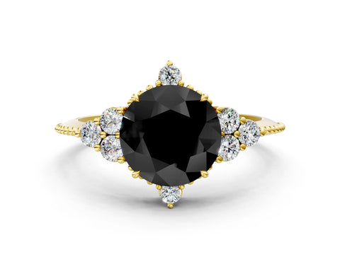 Yellow gold Fancy Black Round Cut Brilliant Diamond with Cluster Setting on a Beaded Band and Four-Prong Setting