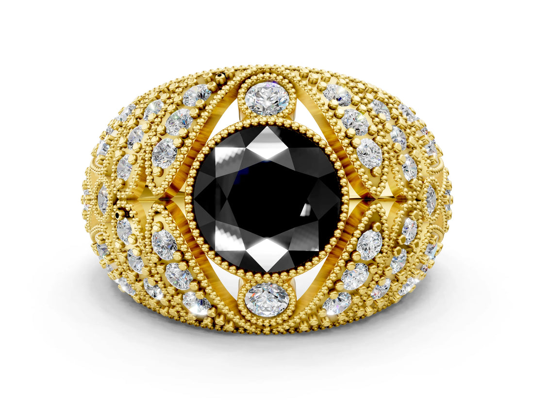 Yellow gold Fancy Black Round Cut Brilliant Halo Pave Diamond Milgrain Ring