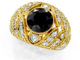 Yellow gold Fancy Black Round Cut Brilliant Halo Pave Diamond Milgrain Ring_1