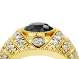 Yellow gold Fancy Black Round Cut Brilliant Halo Pave Diamond Milgrain Ring_4