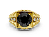 Yellow gold Fancy Black Round Cut Brilliant Milgrain Filigree Diamond Ring with Square Prong Setting_24