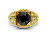 Yellow gold Fancy Black Round Cut Brilliant Milgrain Filigree Diamond Ring with Square Prong Setting_30