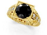 Yellow gold Fancy Black Round Cut Brilliant Milgrain Filigree Diamond Ring with Square Prong Setting_31