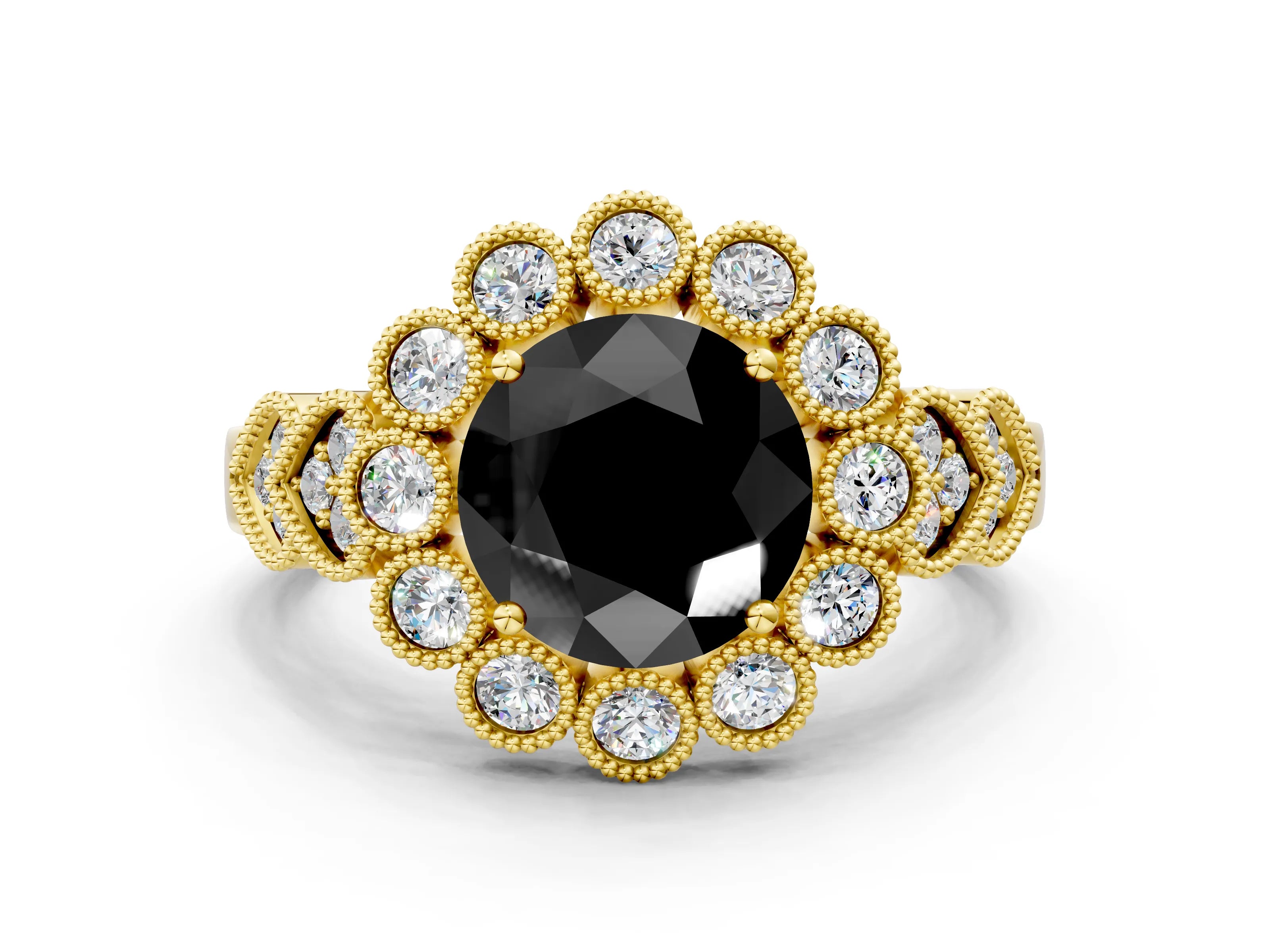 Yellow gold Fancy Black Round Cut Brilliant Milgrain Pave Heart Band Solitaire Ring