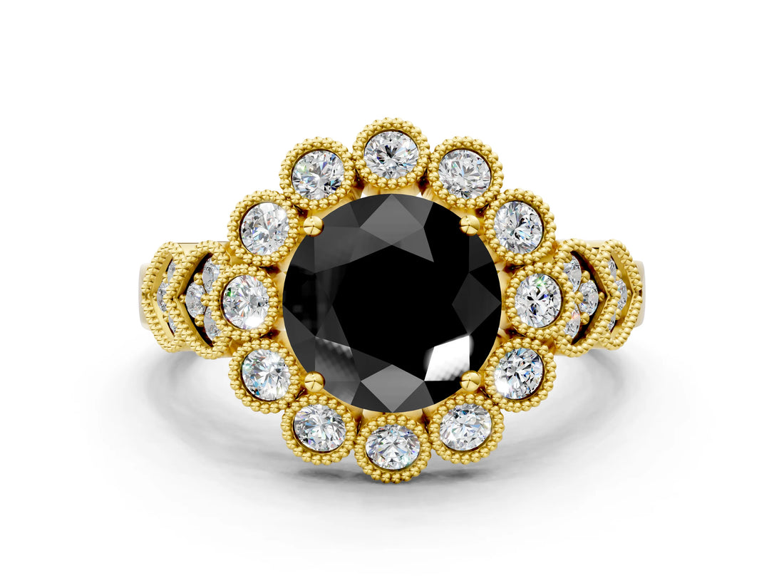 Yellow gold Fancy Black Round Cut Brilliant Milgrain Pave Heart Band Solitaire Ring