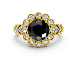 Yellow gold Fancy Black Round Cut Brilliant Milgrain Pave Heart Band Solitaire Ring