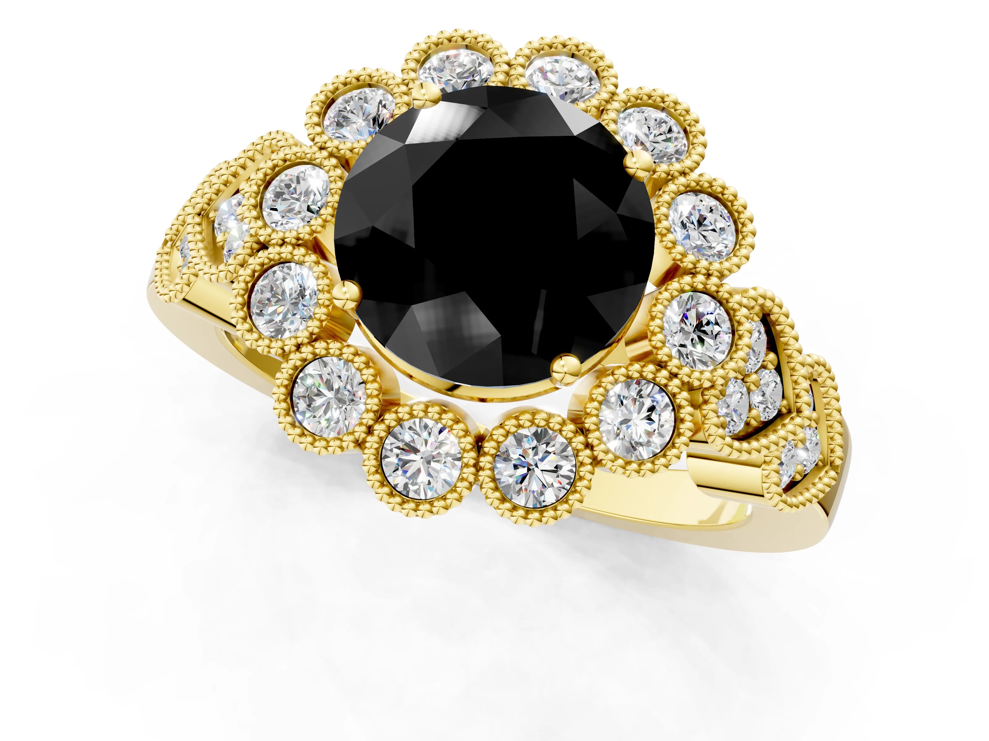 Yellow gold Fancy Black Round Cut Brilliant Milgrain Pave Heart Band Solitaire Ring_1