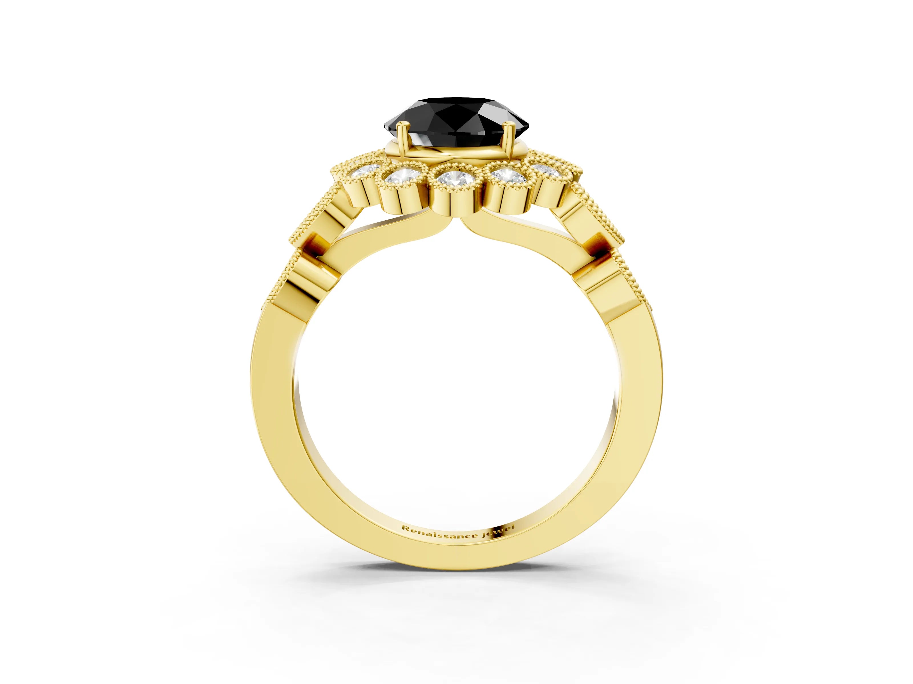 Yellow gold Fancy Black Round Cut Brilliant Milgrain Pave Heart Band Solitaire Ring_3