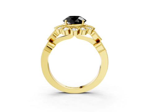 Yellow gold Fancy Black Round Cut Brilliant Milgrain Pave Heart Band Solitaire Ring_3