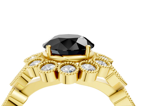 Yellow gold Fancy Black Round Cut Brilliant Milgrain Pave Heart Band Solitaire Ring_4