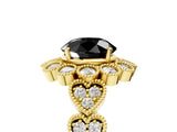 Yellow gold Fancy Black Round Cut Brilliant Milgrain Pave Heart Band Solitaire Ring_5