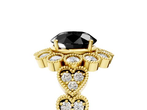 Yellow gold Fancy Black Round Cut Brilliant Milgrain Pave Heart Band Solitaire Ring_5