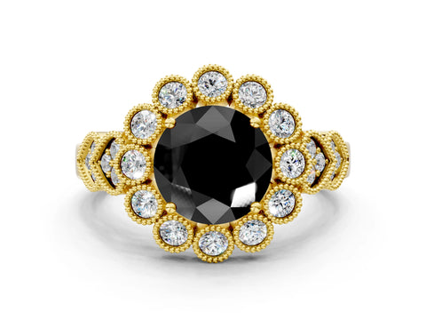 Yellow gold Fancy Black Round Cut Brilliant Milgrain Pave Heart Band Solitaire Ring