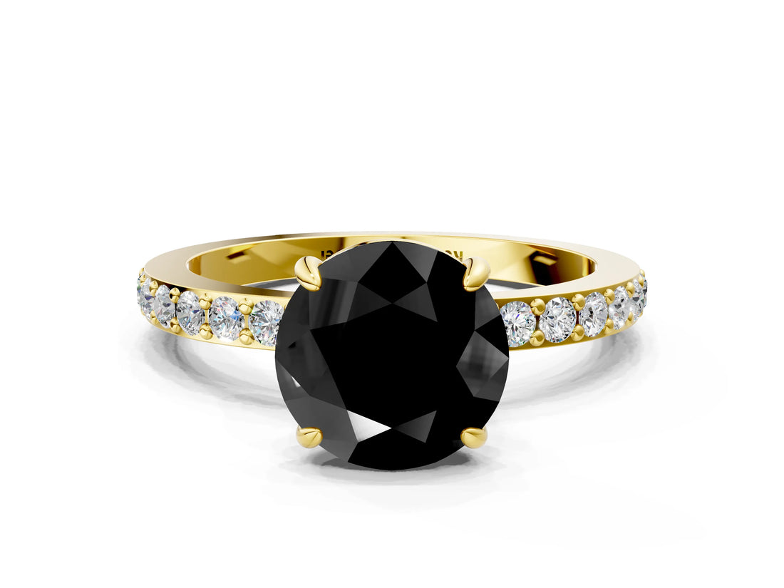 Yellow gold Fancy Black Round Cut Brilliant Pavé Band Solitaire with Four-Prong Setting