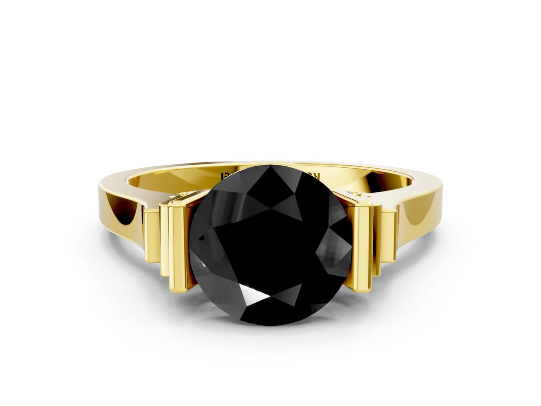 Yellow gold Fancy Black Round Cut Brilliant Solitaire Diamond Ring with Channel Set Band and Bar Prong Setting
