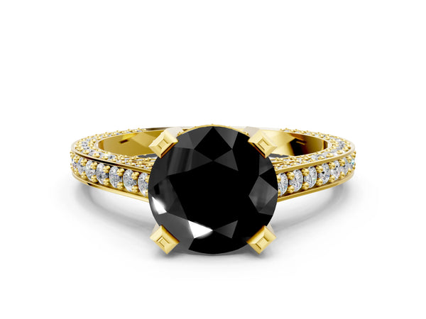 Yellow gold Fancy Black Round Cut Brilliant Split Shank Pave Solitaire Ring with Four-Prong Setting
