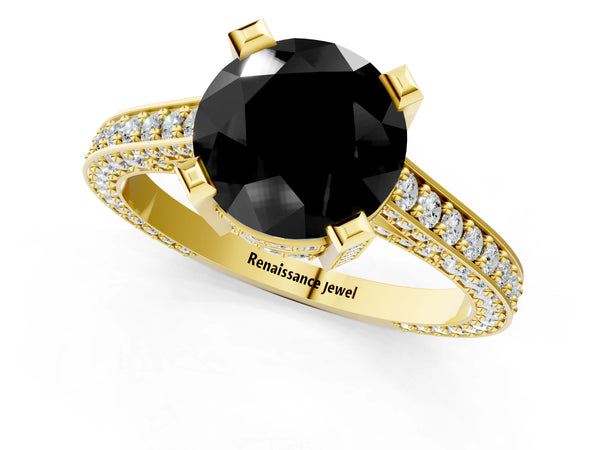 Yellow gold Fancy Black Round Cut Brilliant Split Shank Pave Solitaire Ring with Four-Prong Setting