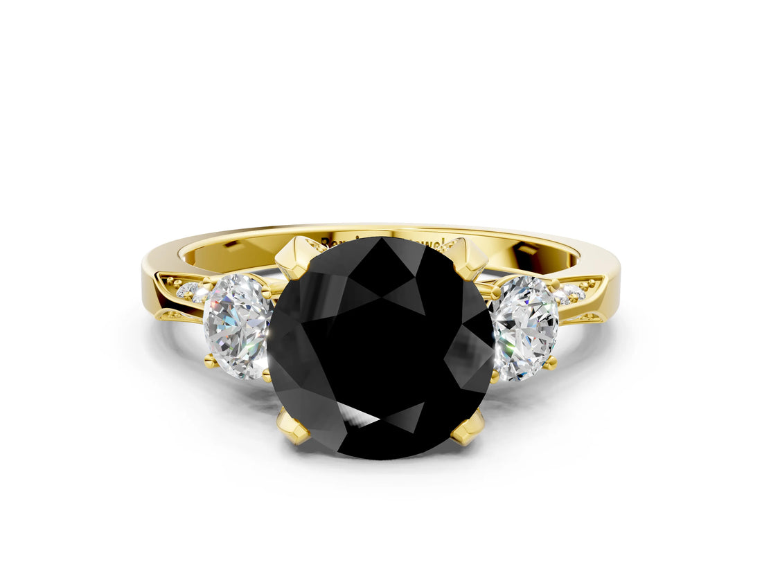 Yellow gold Fancy Black Round Cut Brilliant Three-Stone Diamond Ring with Pavé Band and Four-Prong Setting_3