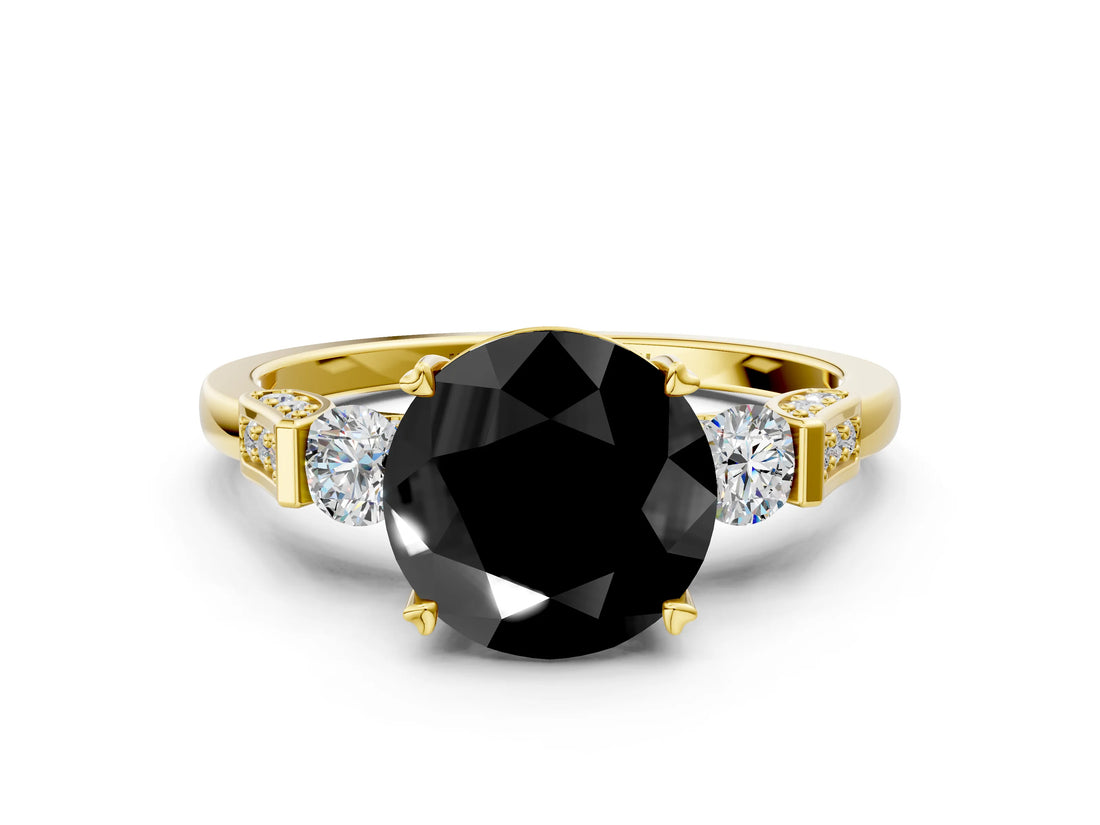 Yellow gold Fancy Black Round Cut Brilliant Three-Stone Pave Band with Four-Prong Setting