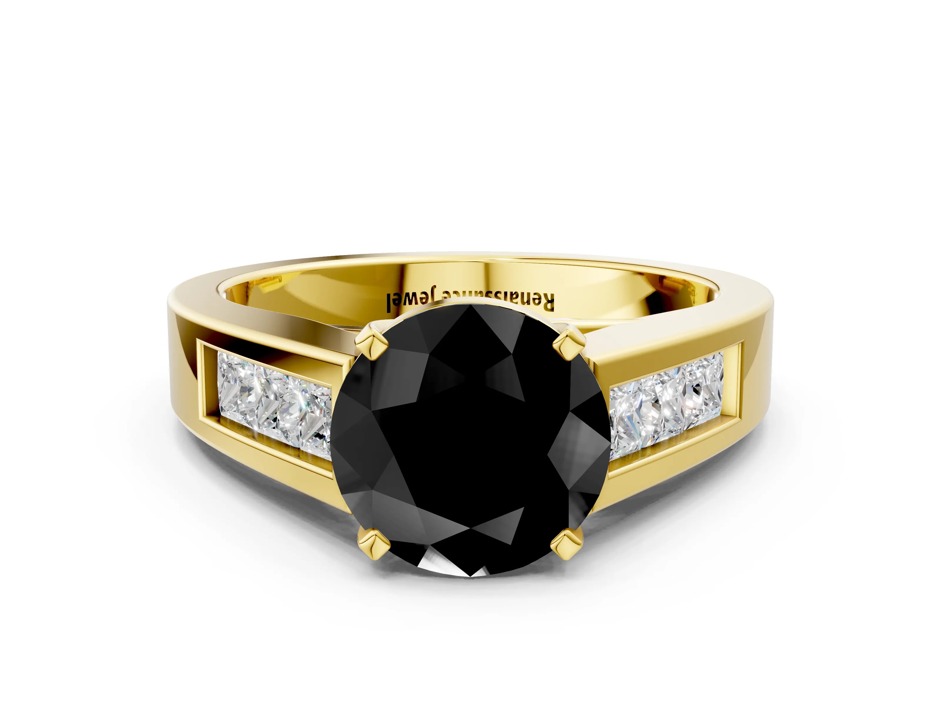 Yellow gold Fancy Black Round Cut Cut Channel Set Solitaire Ring with Four-Prong Setting