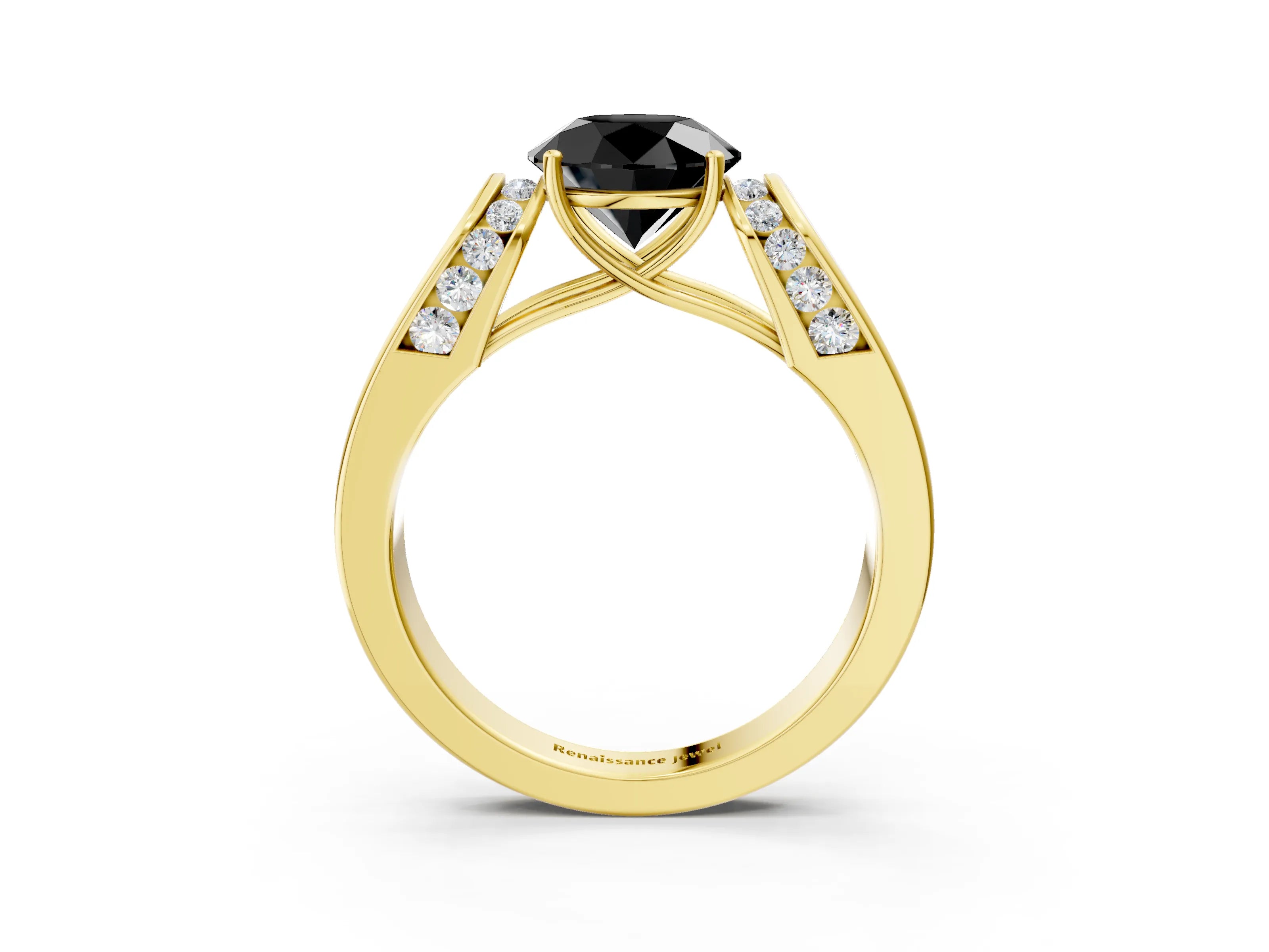 Yellow gold Fancy Black Round Cut Cut Diamond Channel Set Solitaire Ring with Four-Prong Setting_3