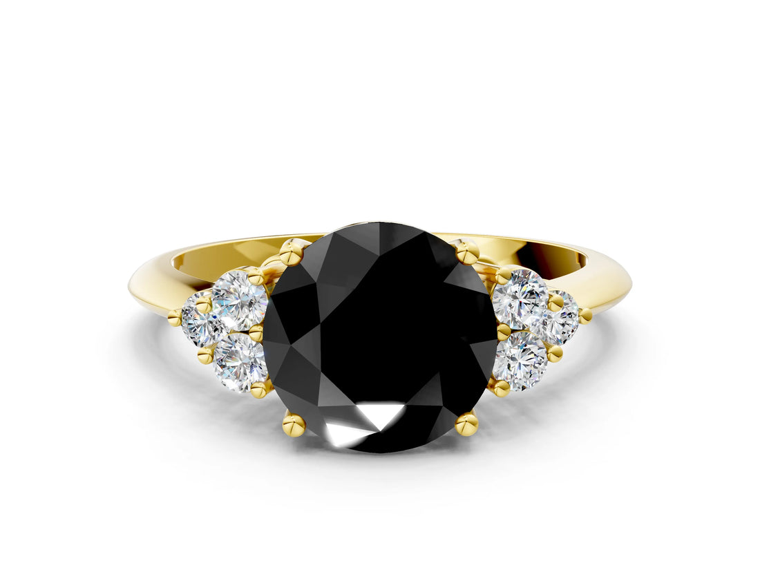 Yellow gold Fancy Black Round Cut Cut Diamond Cluster Ring with Solitaire Band and Four-Prong Setting