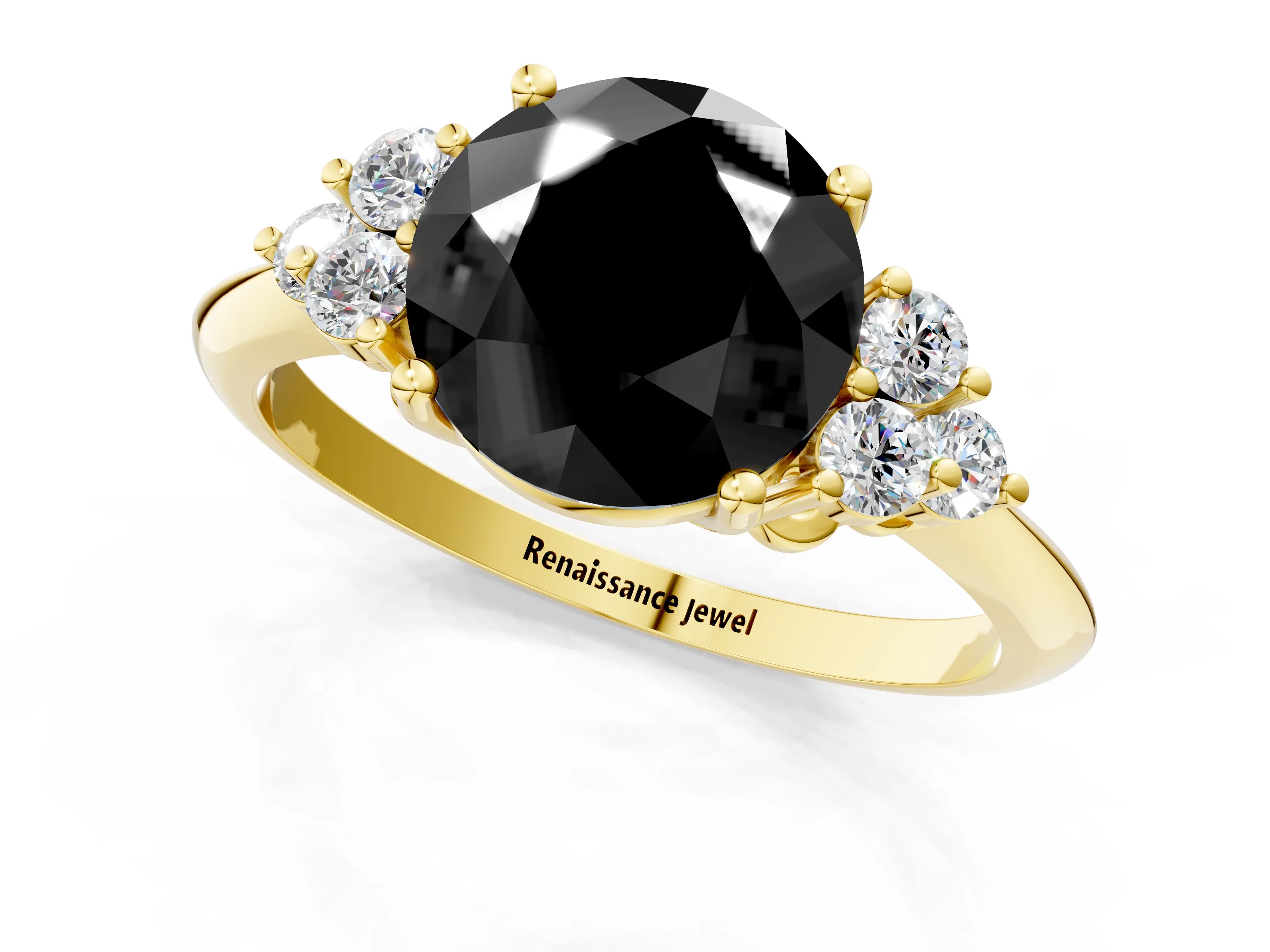 Yellow gold Fancy Black Round Cut Cut Diamond Cluster Ring with Solitaire Band and Four-Prong Setting_1