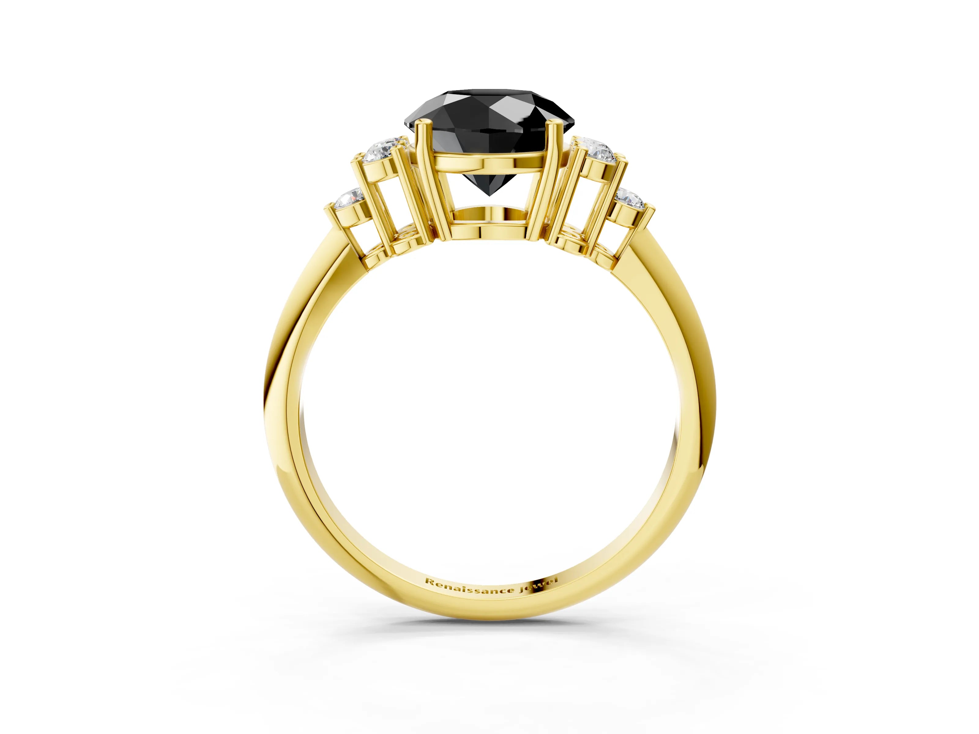 Yellow gold Fancy Black Round Cut Cut Diamond Cluster Ring with Solitaire Band and Four-Prong Setting_3