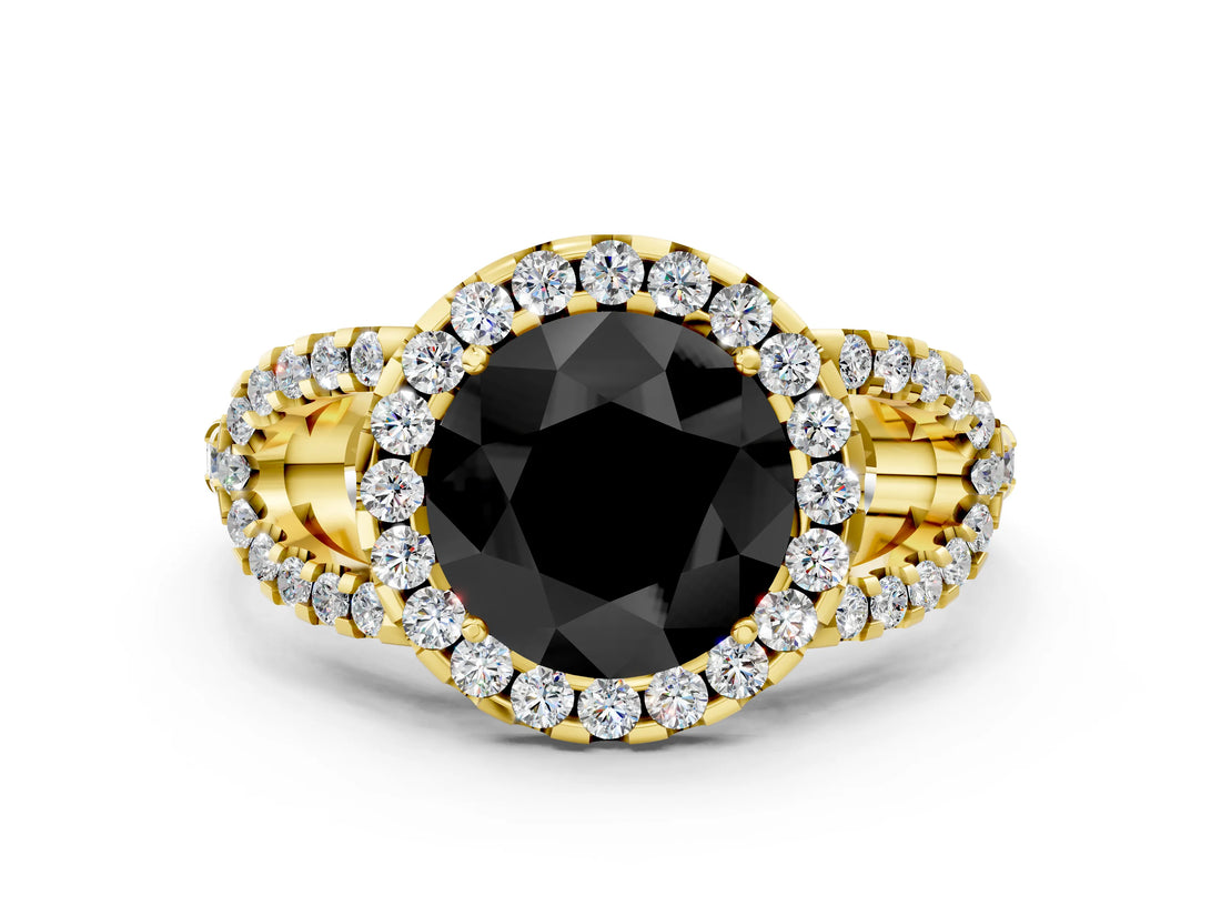 Yellow gold Fancy Black Round Cut Cut Diamond Halo Engagement Ring with Open Split Pavé Band